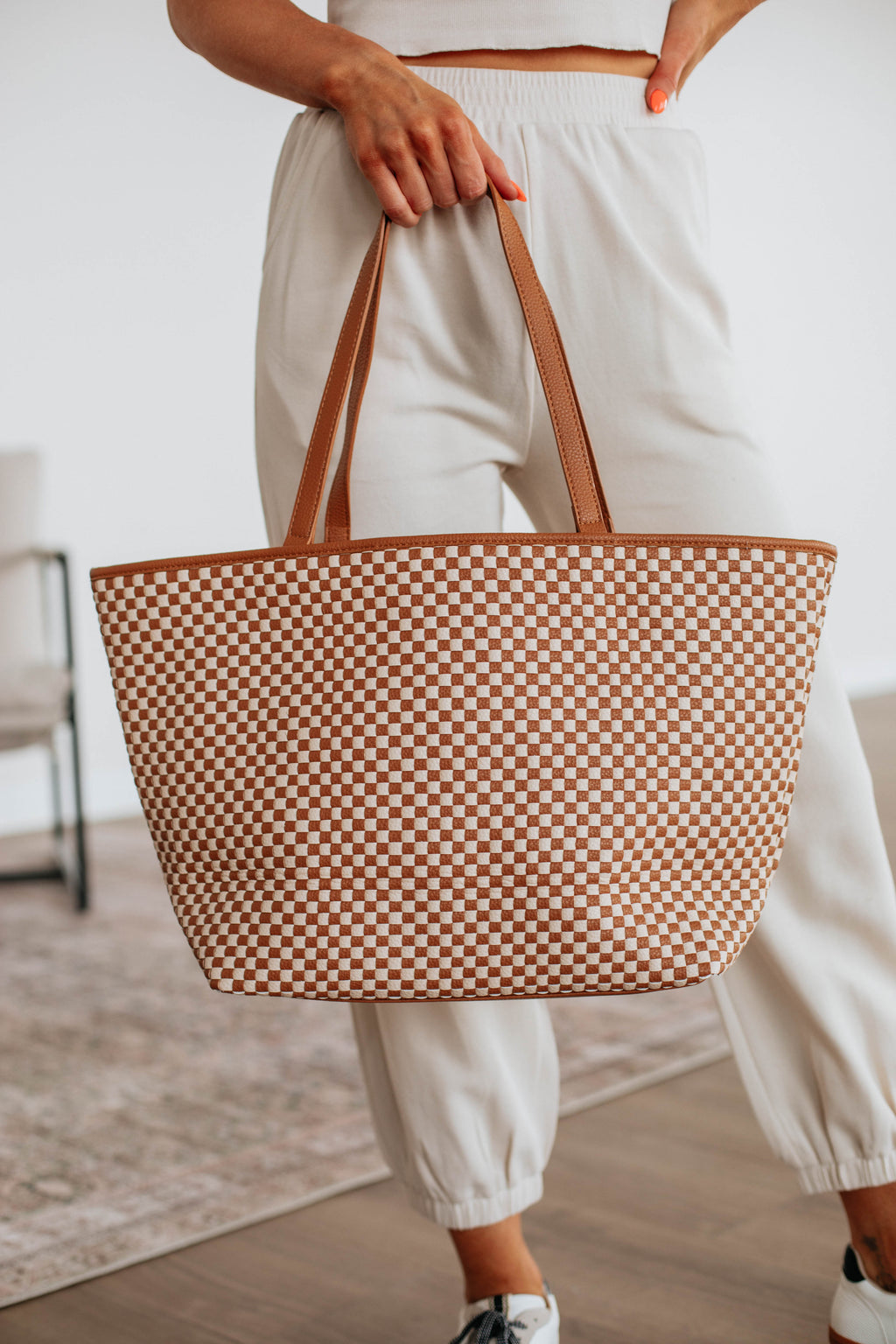 Keeley Checkered Tote Bag - Cognac